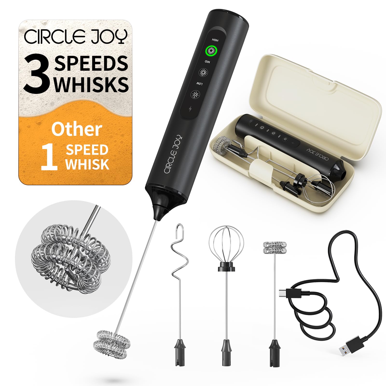 Circle Joy rechargeable milk frother wand with 3 speeds and 3 whisks for versatile blending