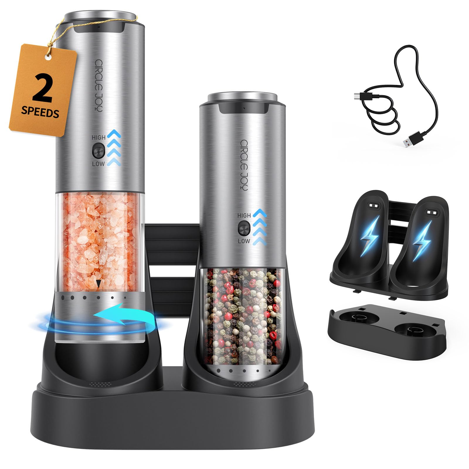 Circle Joy rechargeable salt and pepper grinders with base charging for uninterrupted seasoning.