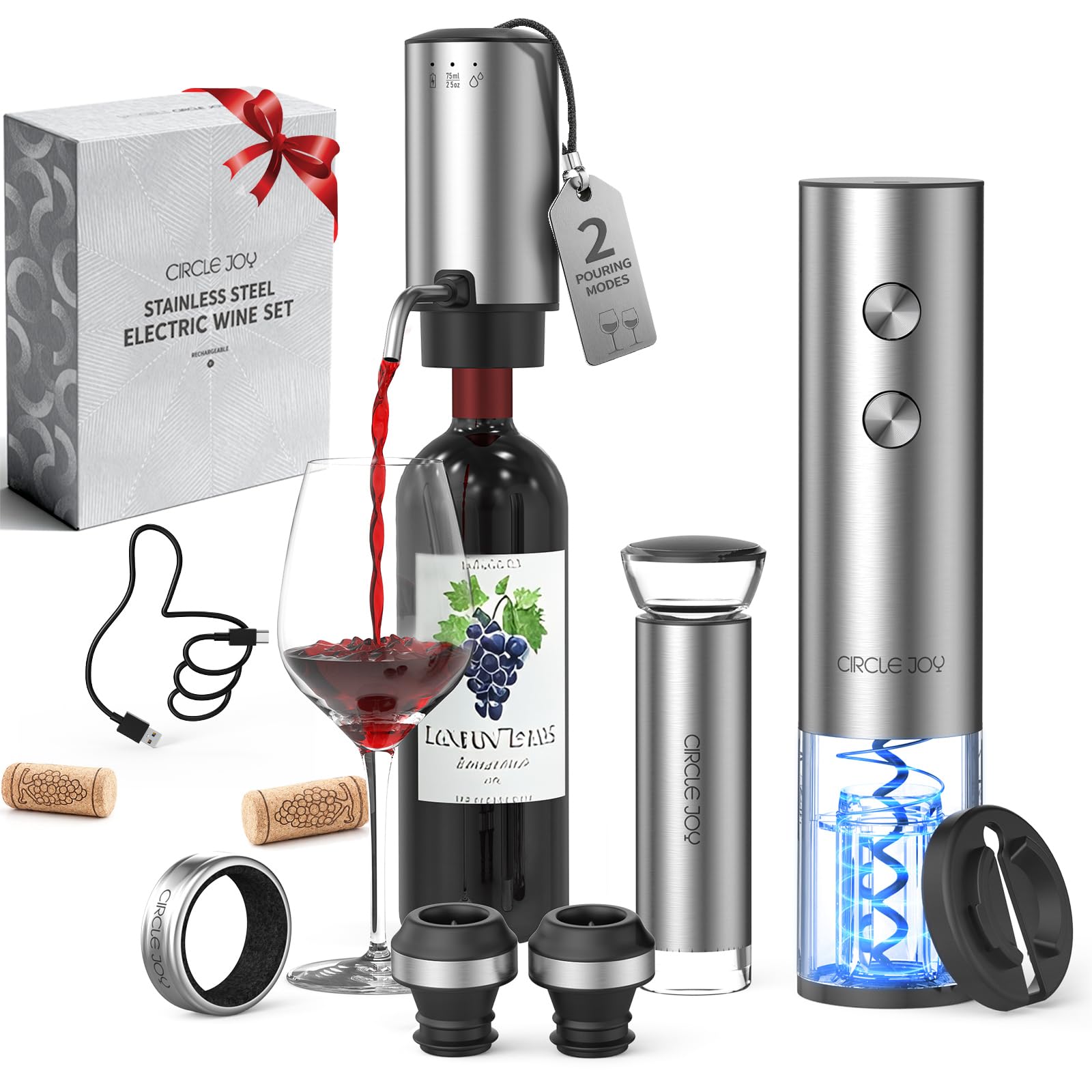 Circle Joy rechargeable wine opener with all components for quick cork removal.