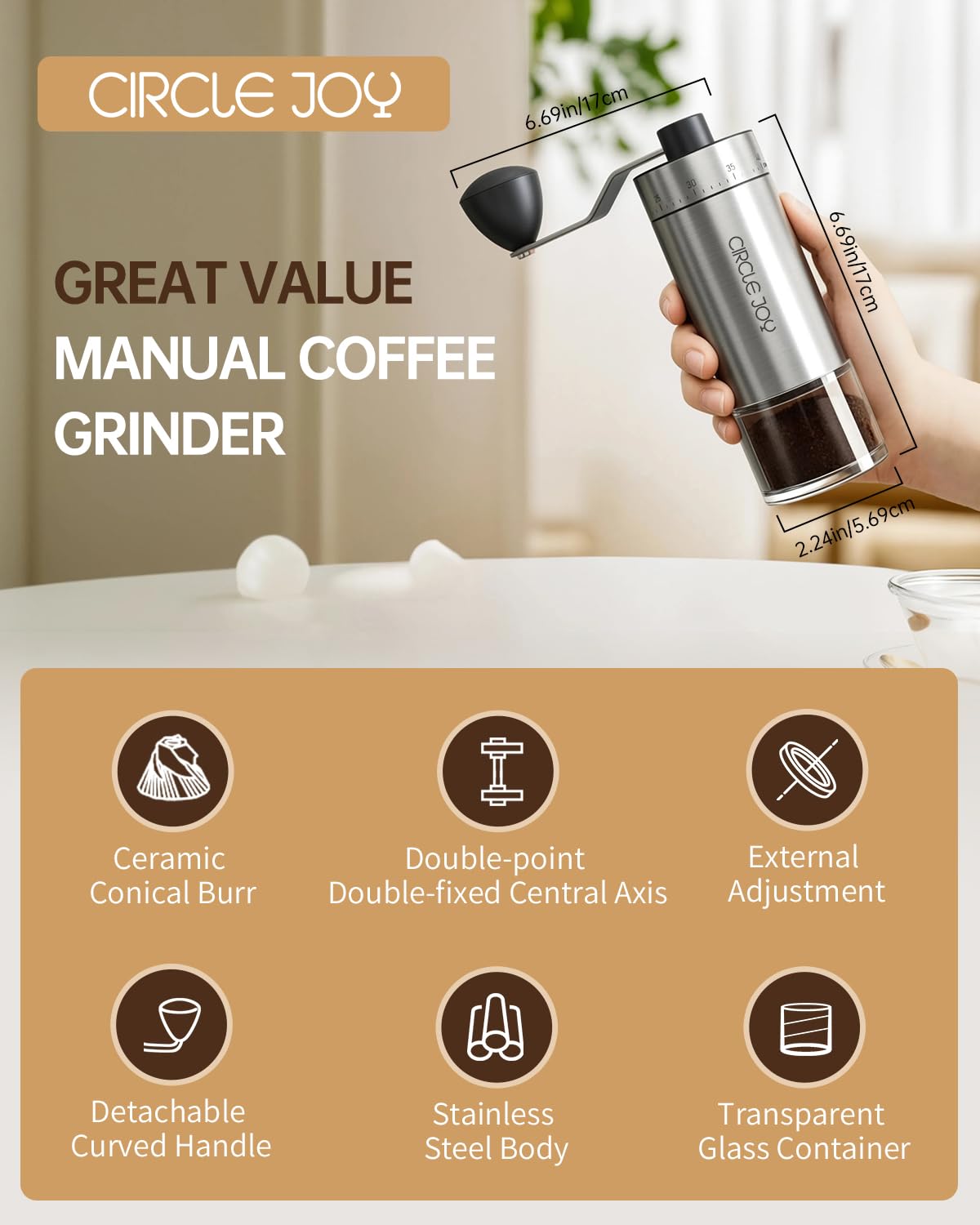 CIRCLE JOY stainless steel body with extended handle reduces grinding effort during long sessions.