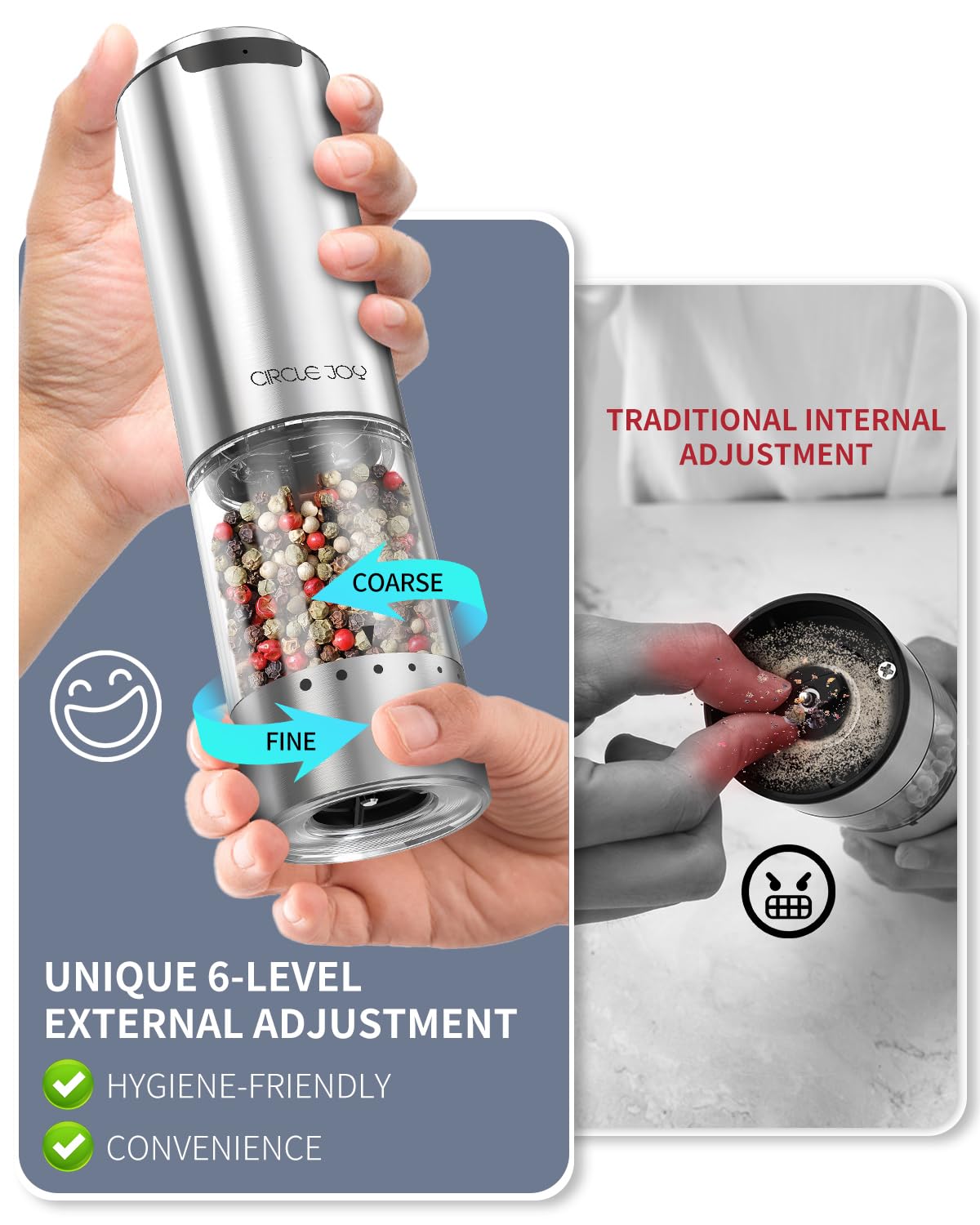 Circle Joy stainless steel grinder body adds durability and modern style