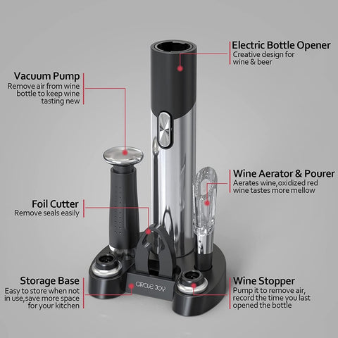CIRCLE JOY vacuum pump with two stoppers to preserve wine freshness.