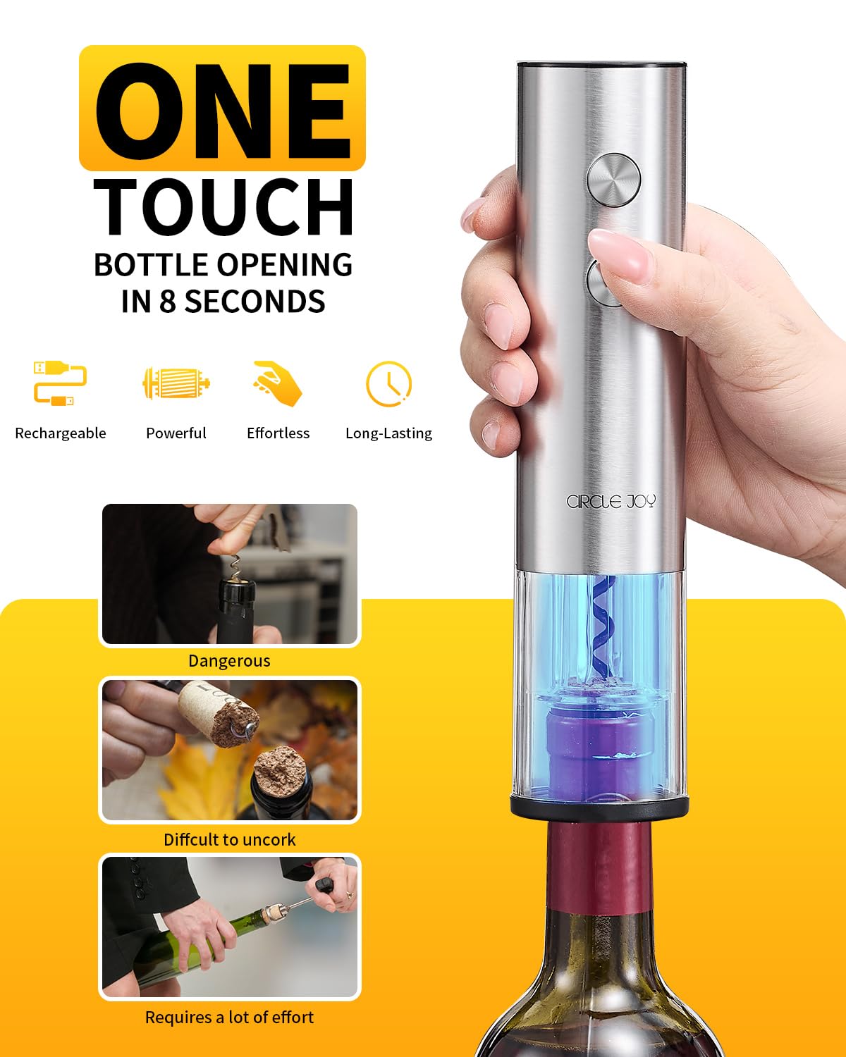 Circle Joy wine opener in action removing cork quickly.