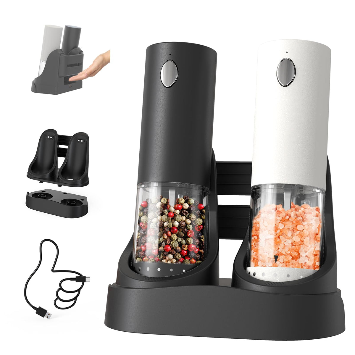 Circle Joy electric salt grinder set shown for precise, even seasoning on demand.