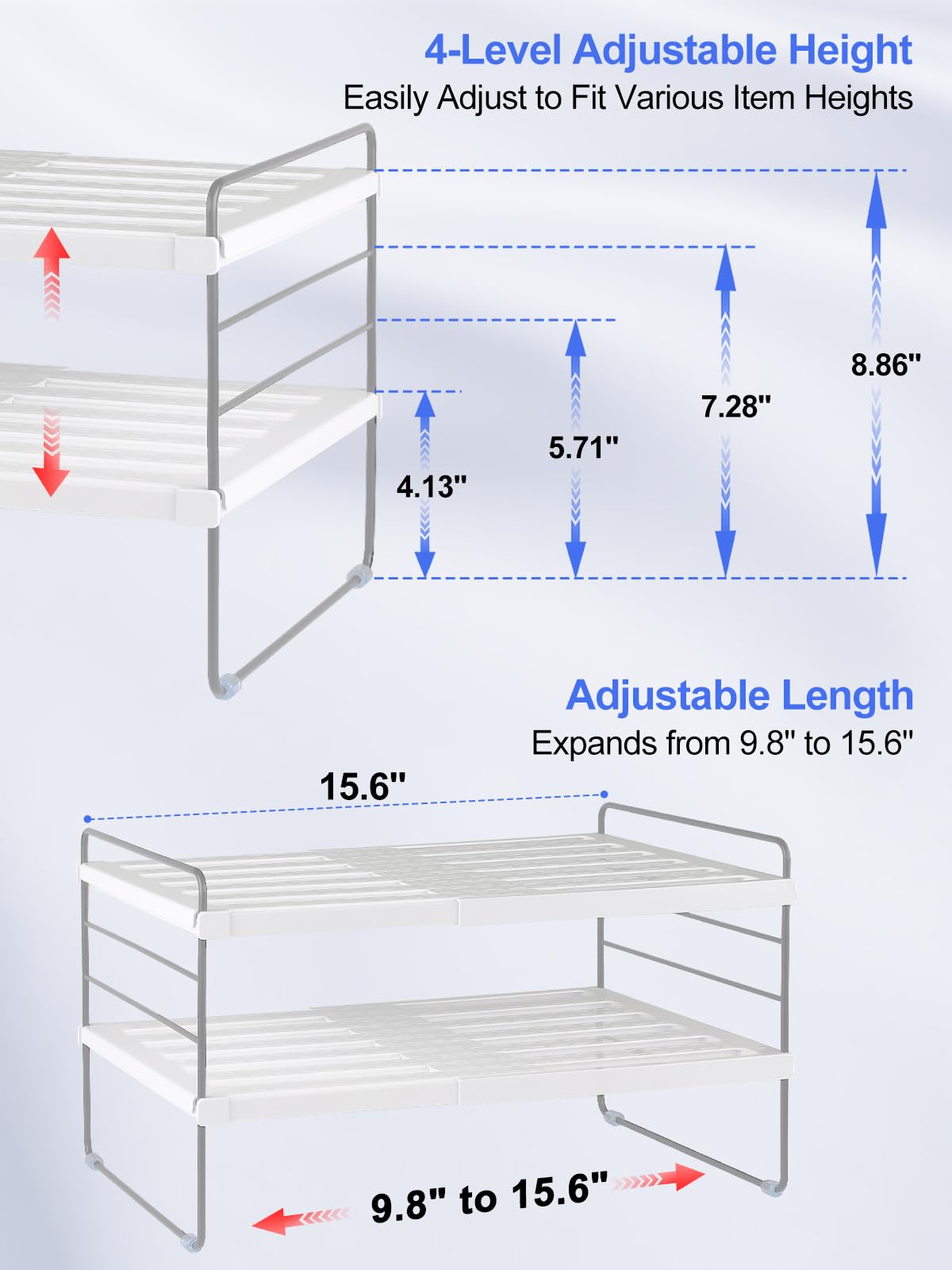 Cirhy adjustable-width expandable shelf demonstrates flexible storage from nine to sixteen inches.