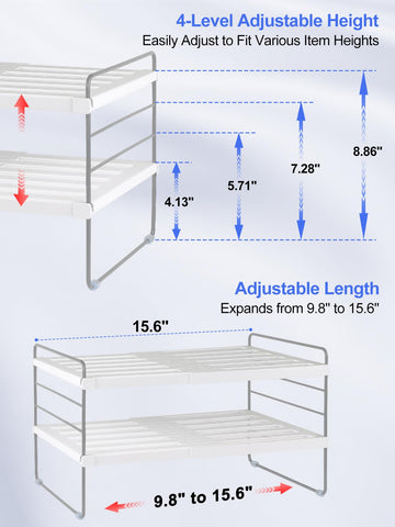 Cirhy adjustable-width expandable shelf demonstrates flexible storage from nine to sixteen inches.