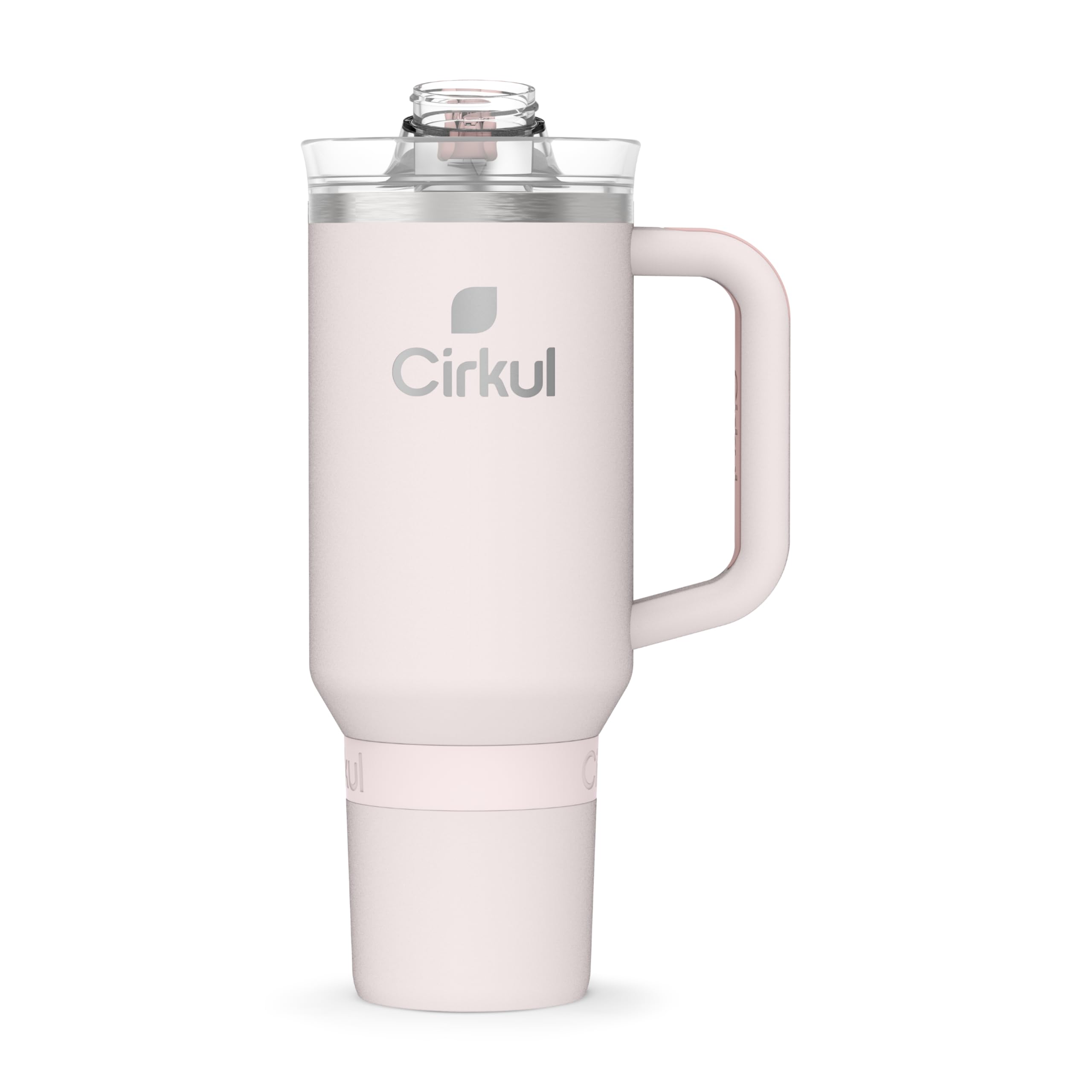 Cirkul StrawSip lid on Cherry Blossom tumbler, spill-resistant and ambidextrous.
