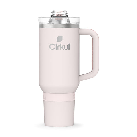 Cirkul StrawSip lid on Cherry Blossom tumbler, spill-resistant and ambidextrous.