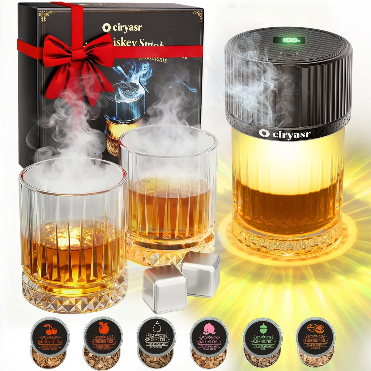 CIRYASR Electric Whiskey Smoker Kit closeup with sleek, flameless design for quick, safe smoke.