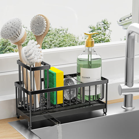 Cisily black sponge holder with rotatable spout keeps countertops dry