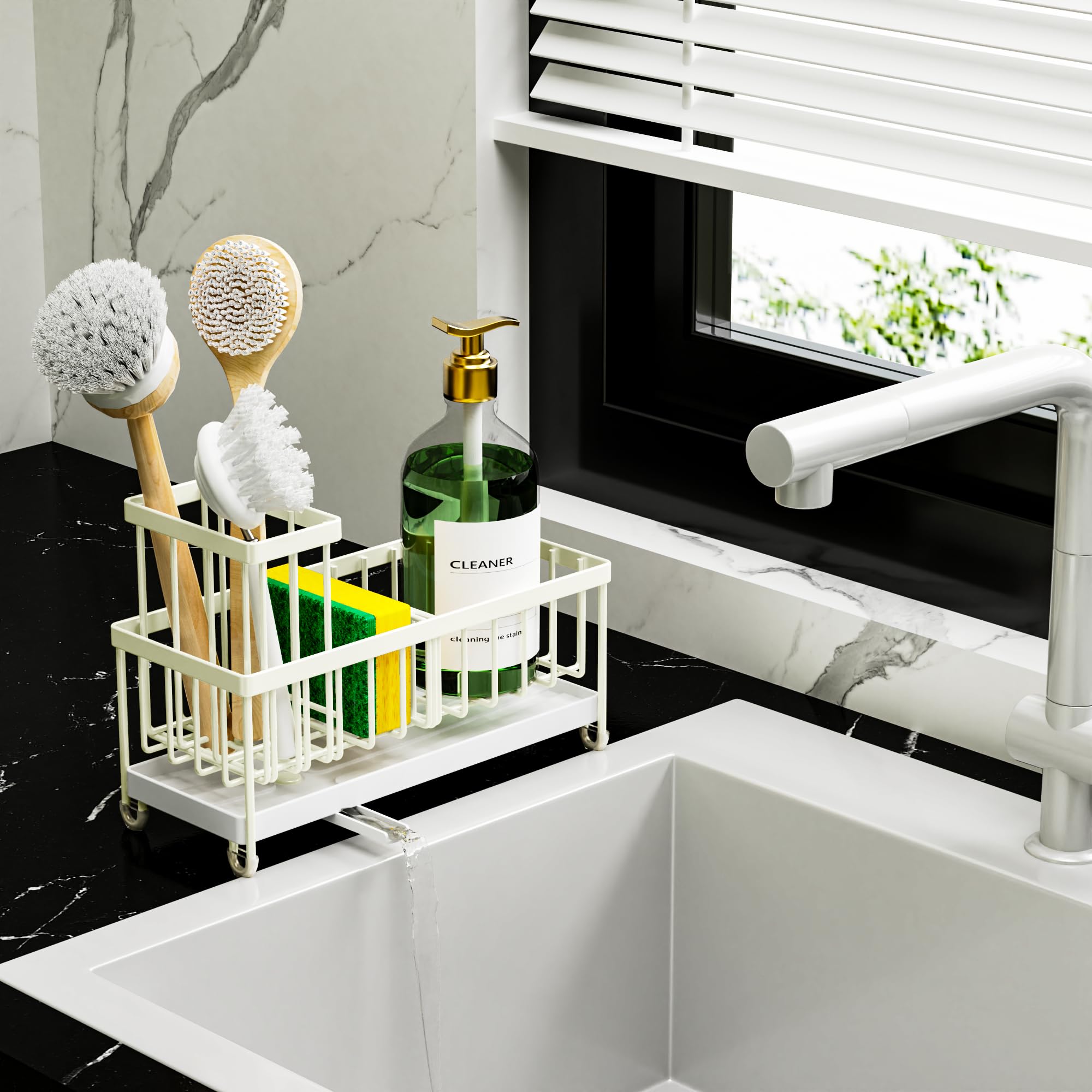 Cisily organizer holds detergent bottle, sponge, and stopper in three zones