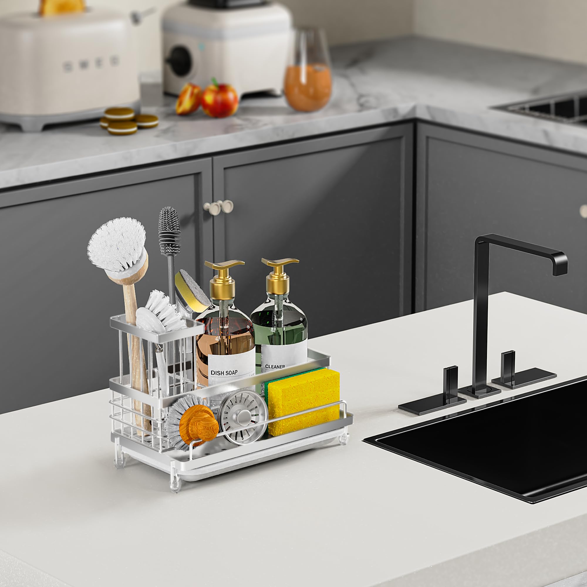 Cisily dispenser and brush holder organizes soap and brushes neatly.