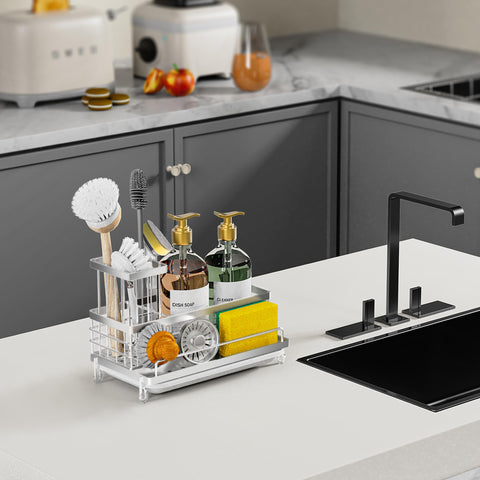 Cisily dispenser and brush holder organizes soap and brushes neatly.
