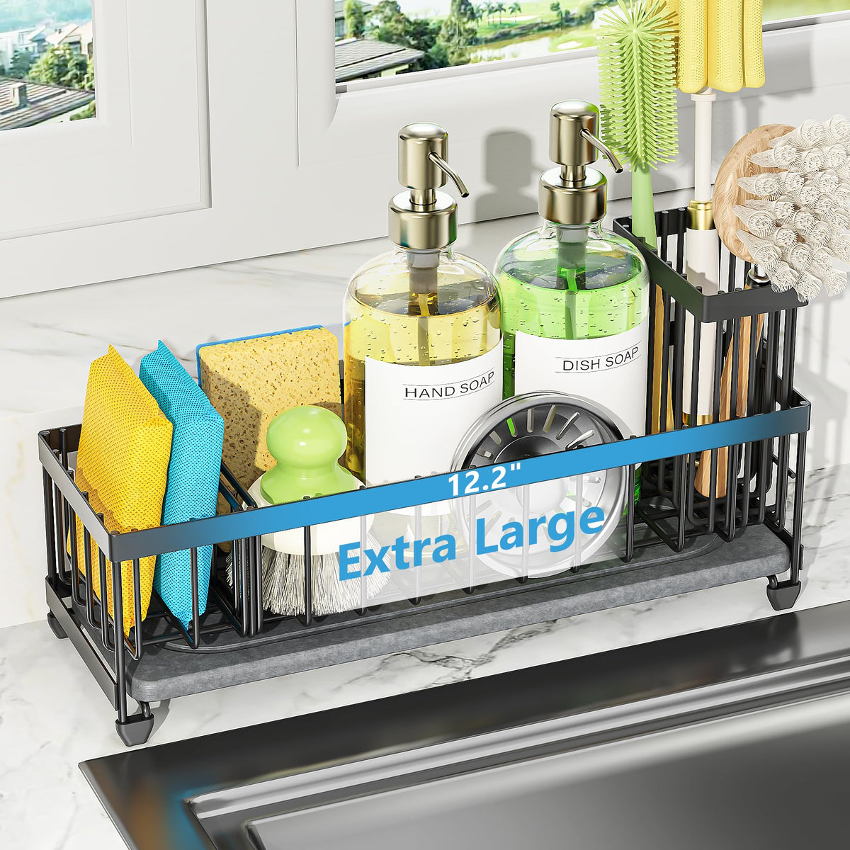 Cisily extra-large sink caddy with drying stone keeps sponges dry and counters organized.