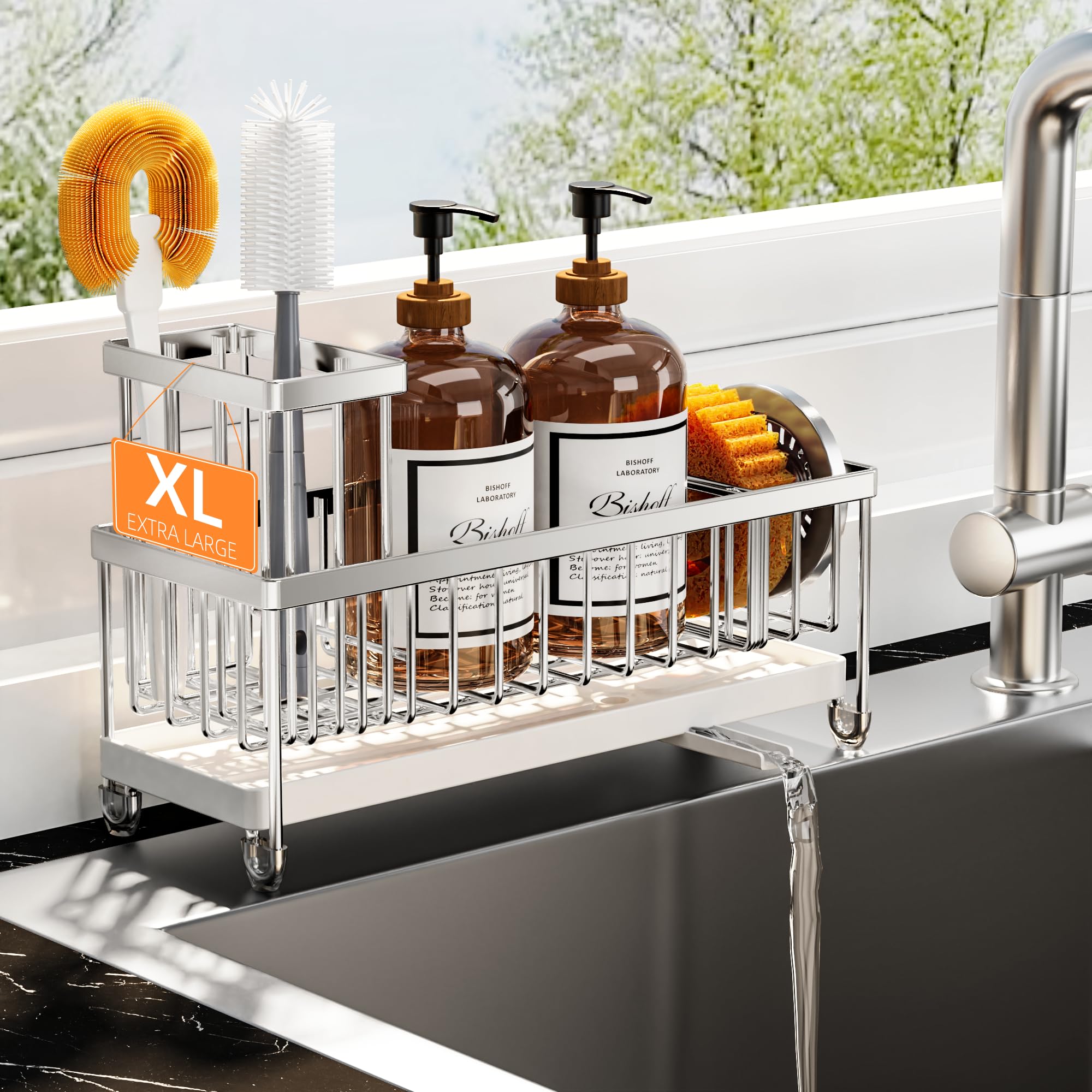 Cisily extra-large sponge holder base in silver keeps sponges and soaps neatly stored.