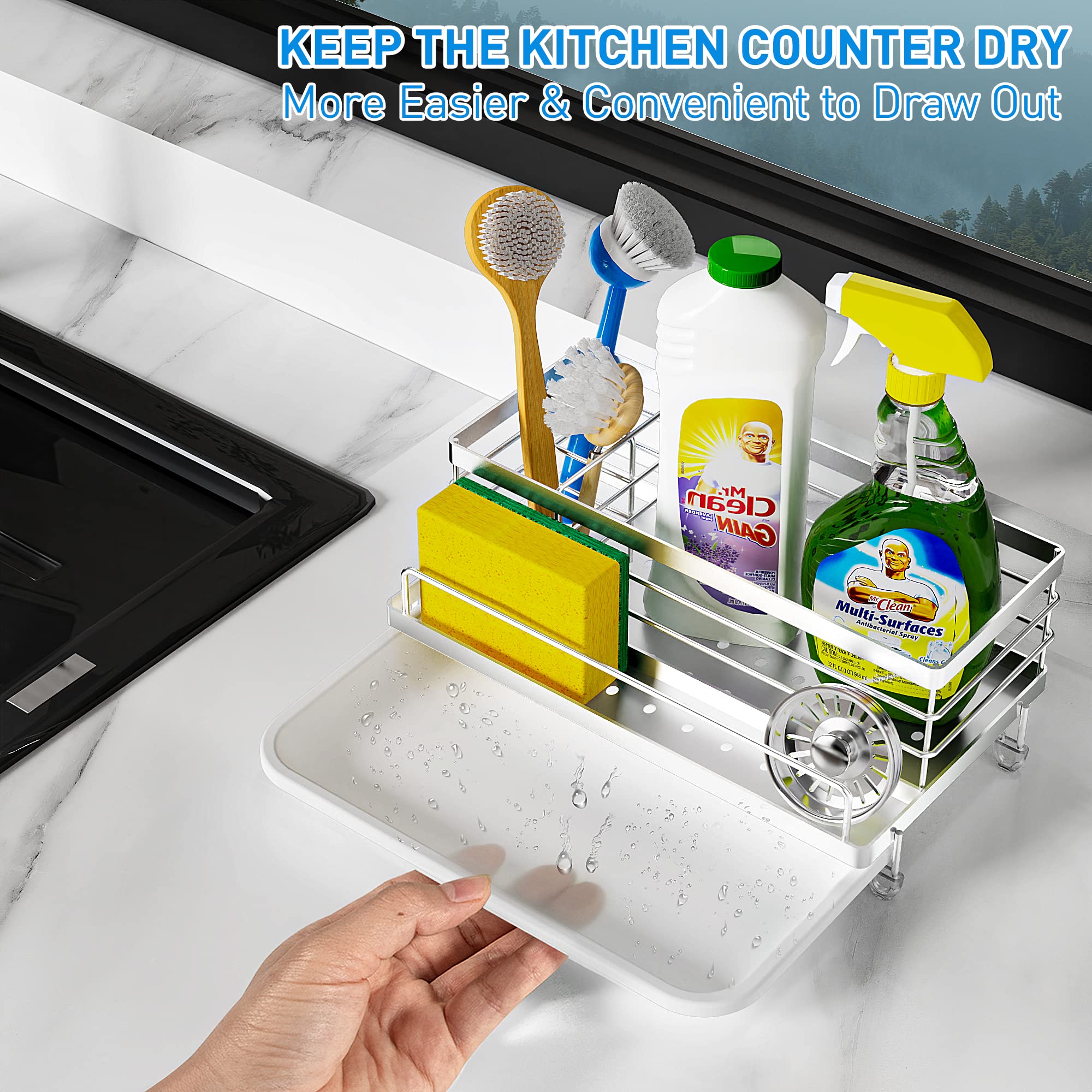 Cisily four-compartment divider creates targeted storage for sponges and tools.