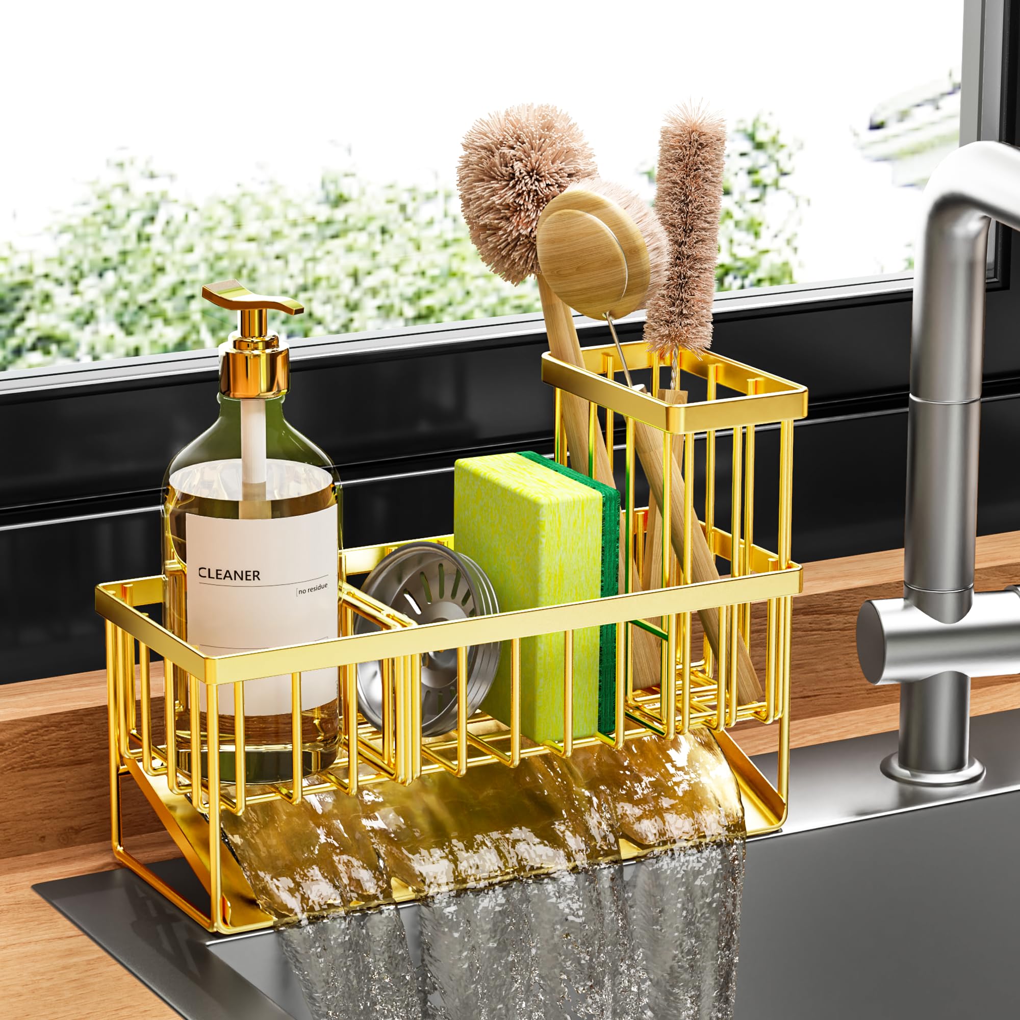 Cisily Gold Sink Caddy front view, compact design saves counter space