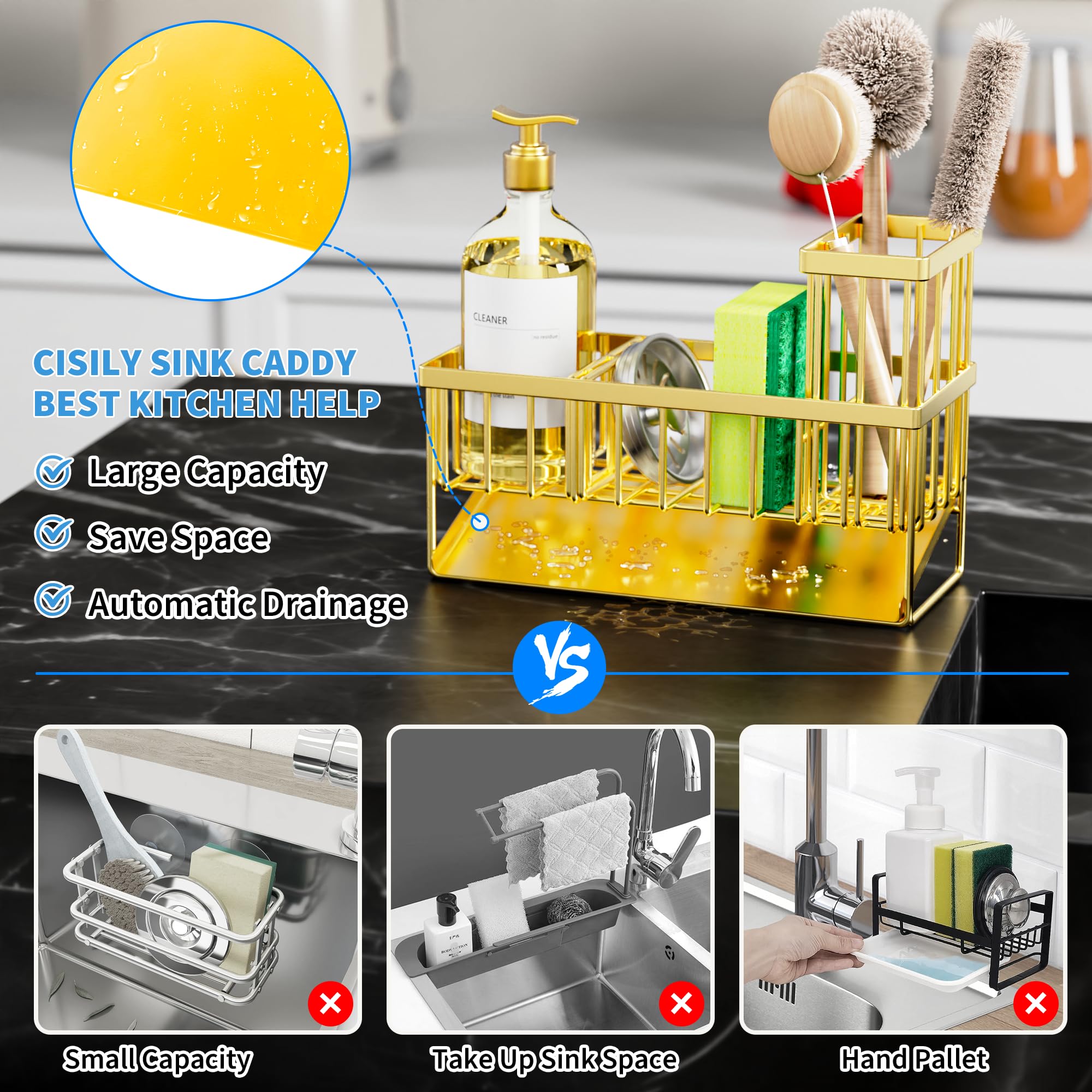 Cisily Gold Sink Caddy sponge area keeps sponges dry and accessible