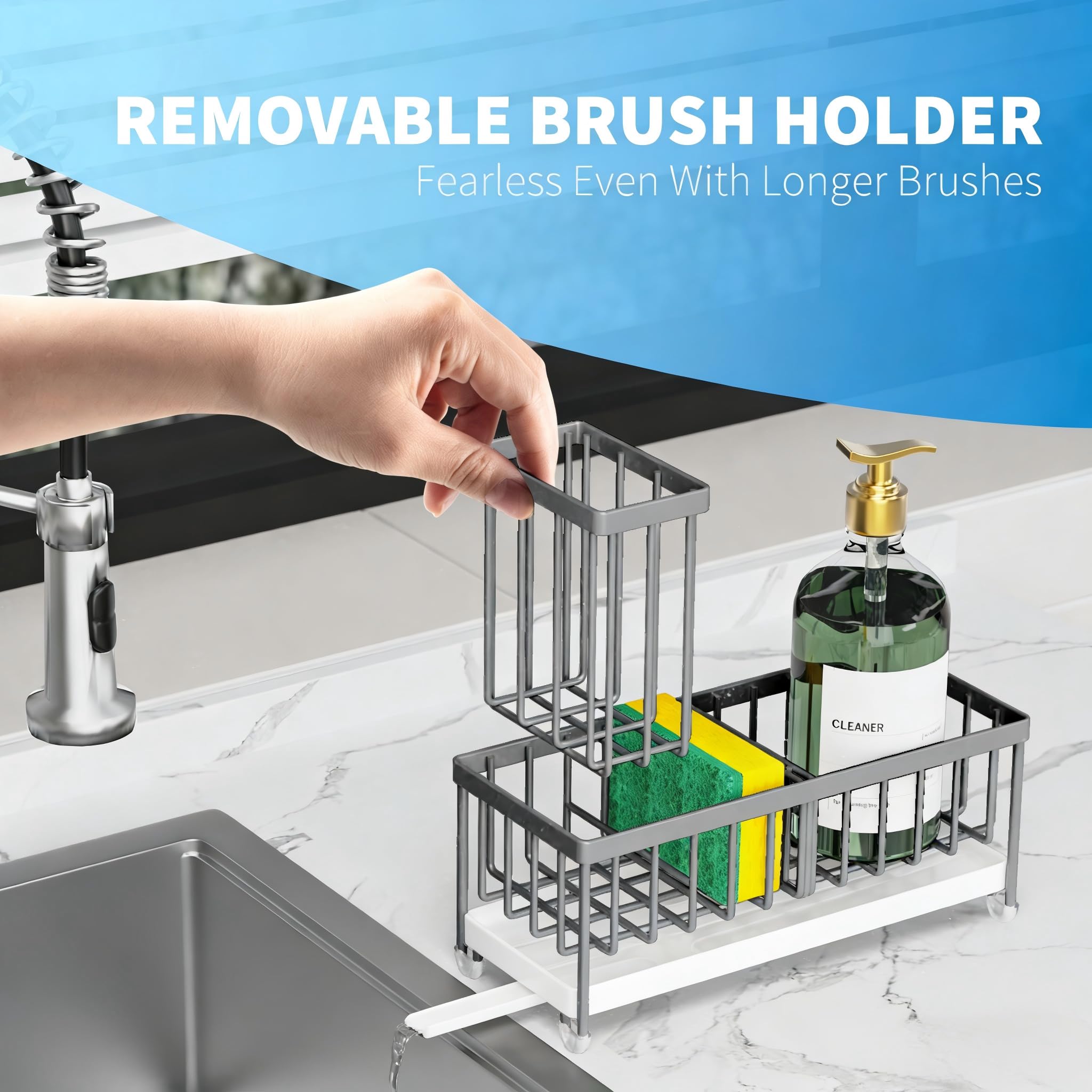 Cisily integrated soap dispenser keeps hands soap ready.