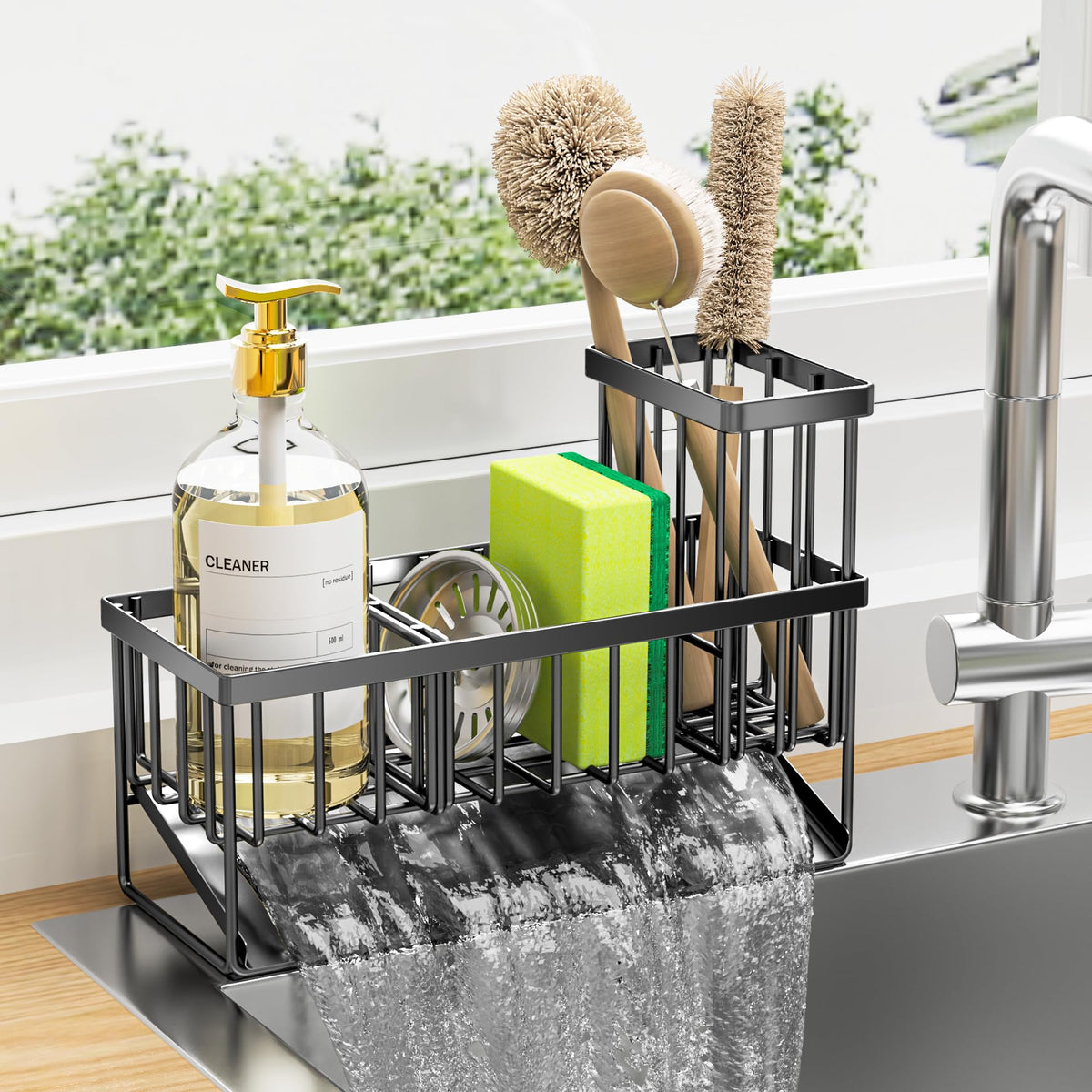 Cisily kitchen sink caddy with high brush holder keeps brushes organized on the counter