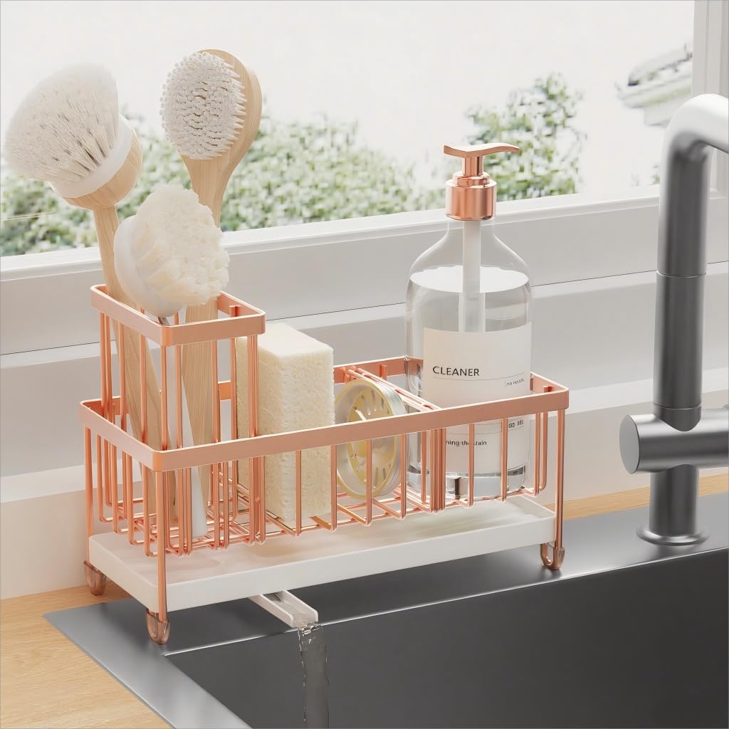 Cisily rose gold sponge holder keeps kitchen sink tidy and stylish.