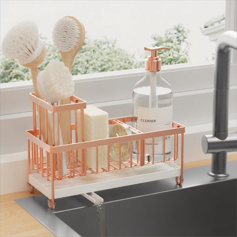 Cisily rose gold sponge holder keeps kitchen sink tidy and stylish.