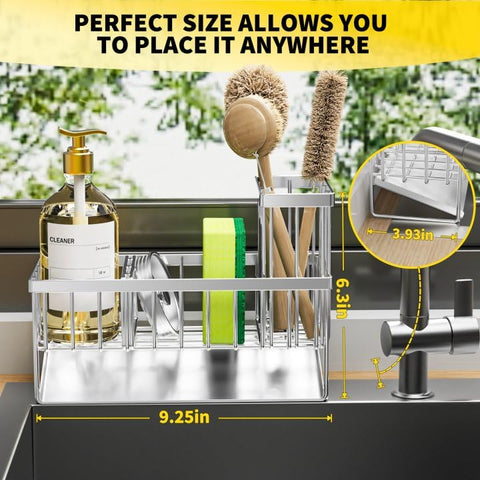 Cisily sink caddy divider layout keeps items organized in three zones.