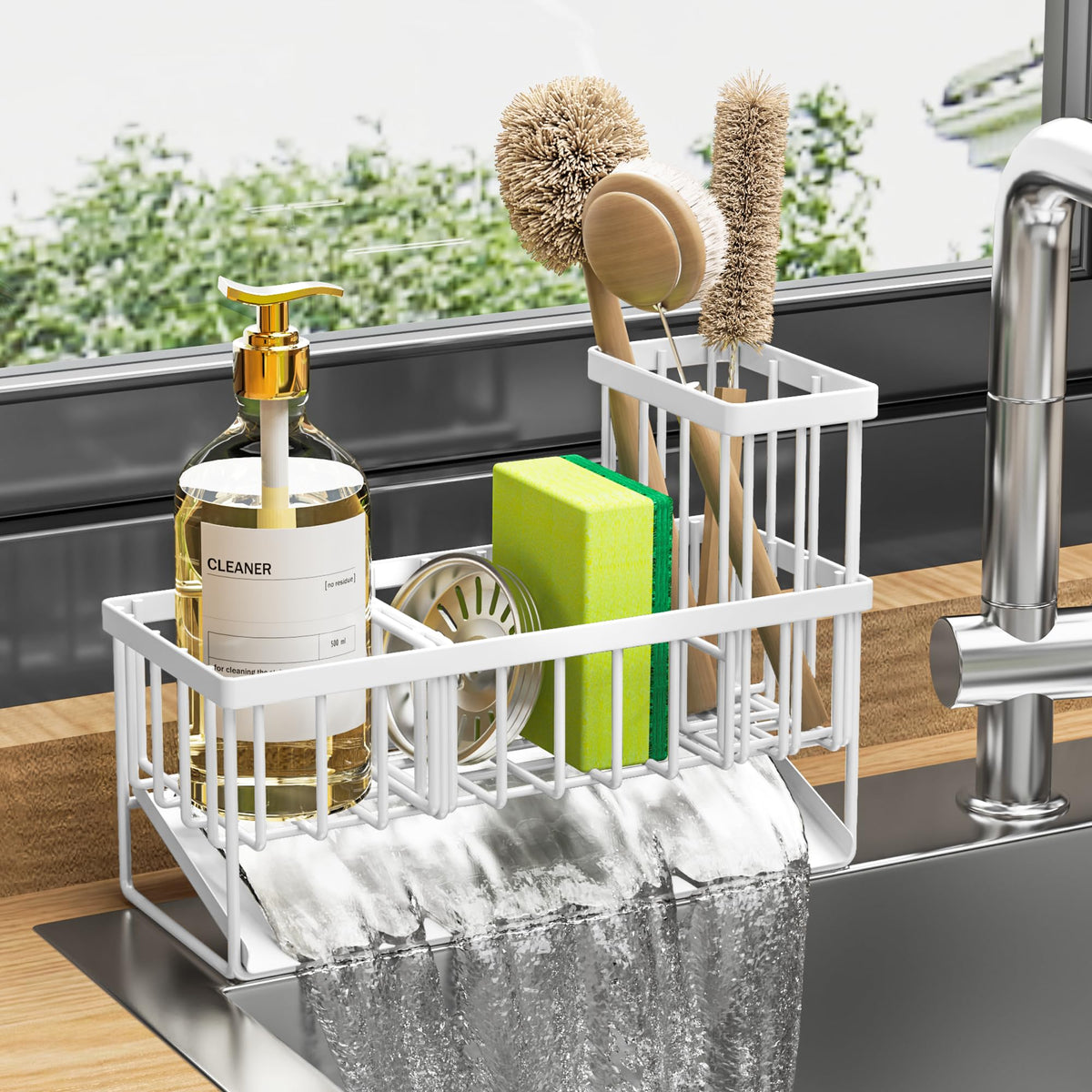 Cisily sink caddy divider neatly organizes sponges and brushes.