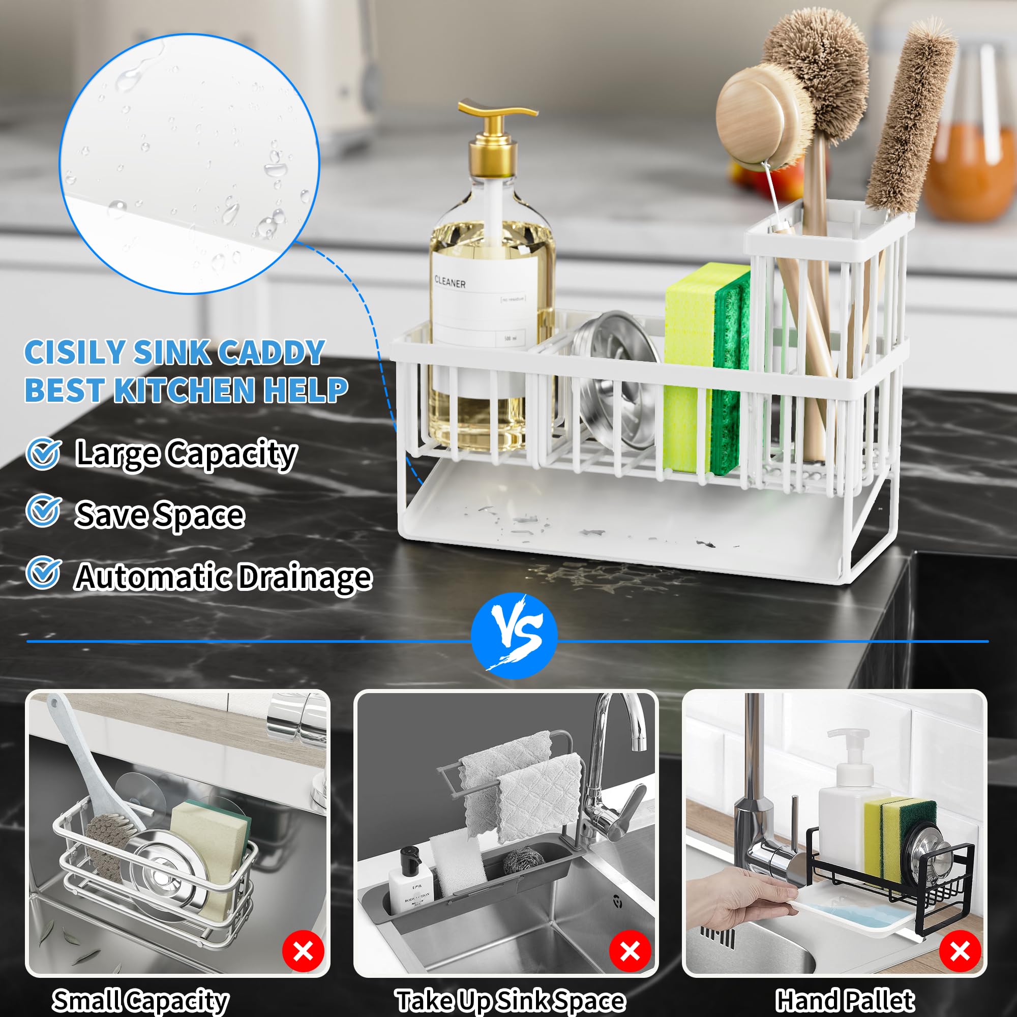 Cisily sink caddy drainage system promotes quick sponge drying.
