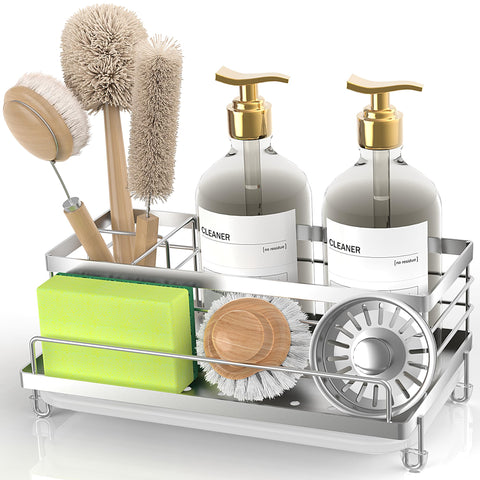 Cisily sink caddy with drip tray keeps sponges and brushes neatly organized.