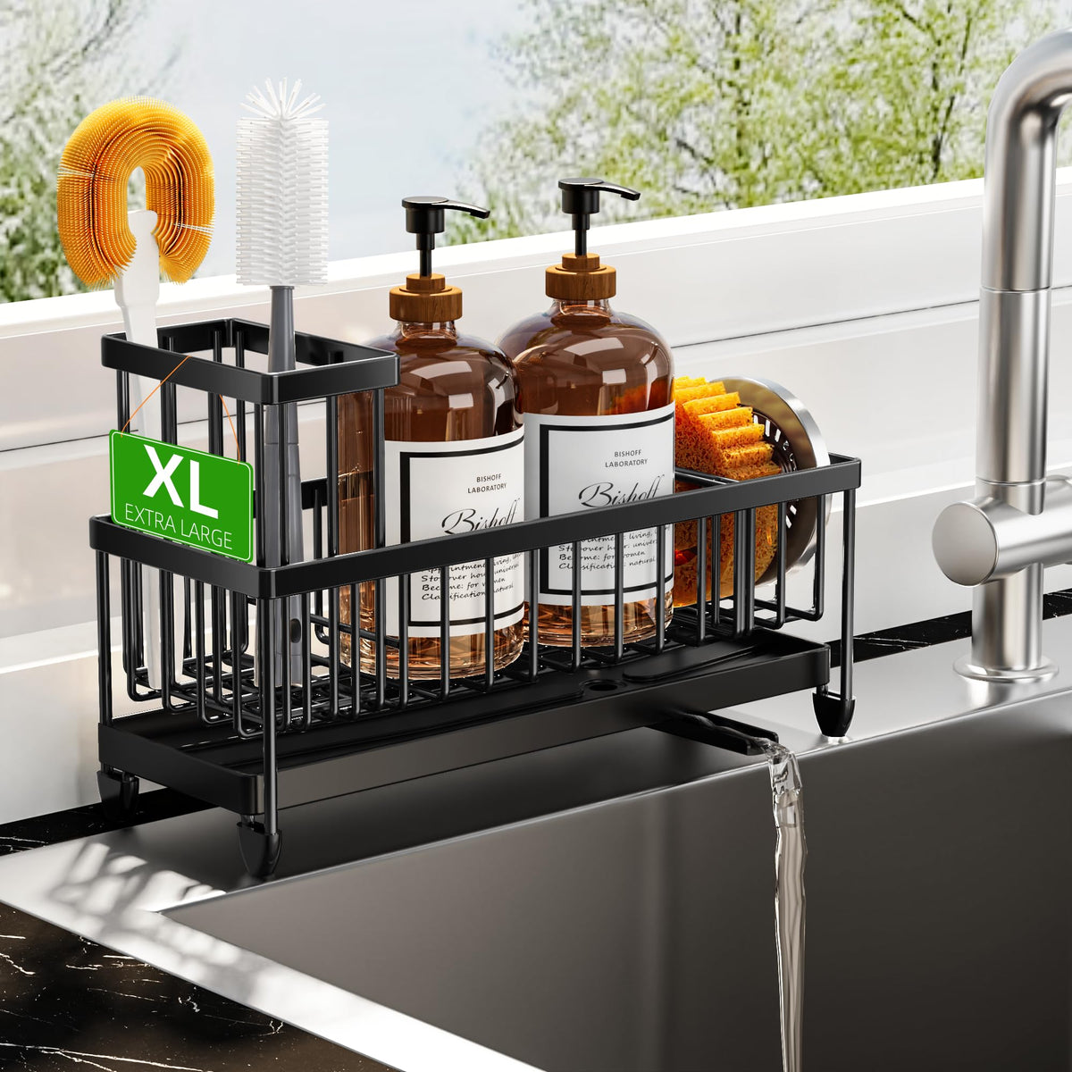 Cisily sink caddy in matte black with extra-long capacity for organized kitchen storage.