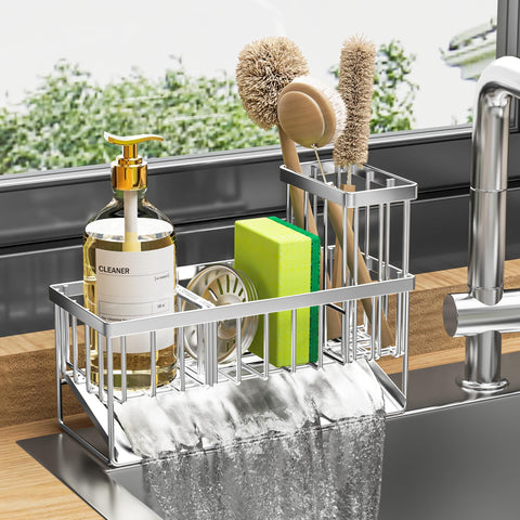 Cisily sink caddy in kitchen setup on counter near sink for easy access.