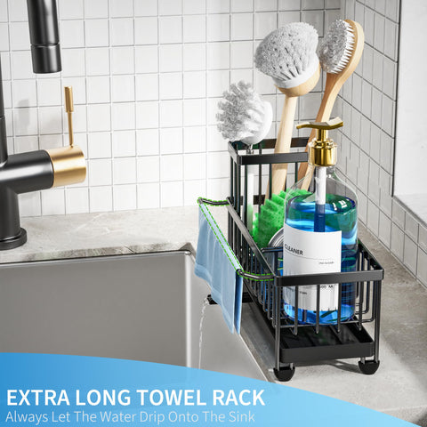 Cisily sink caddy with rotatable spout directs water into the sink.