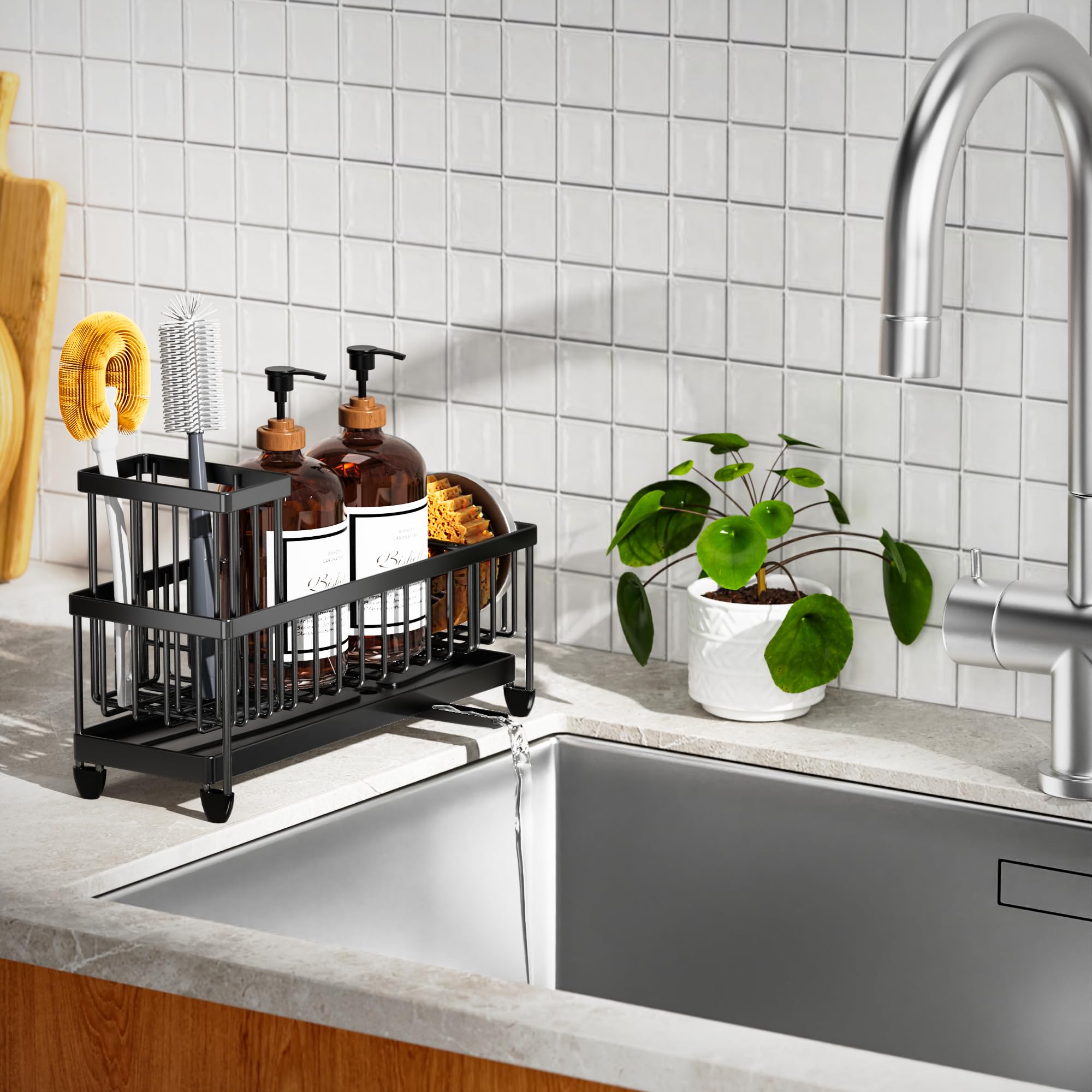 Cisily holds soap dispensers and kitchen tools neatly beside the sink.