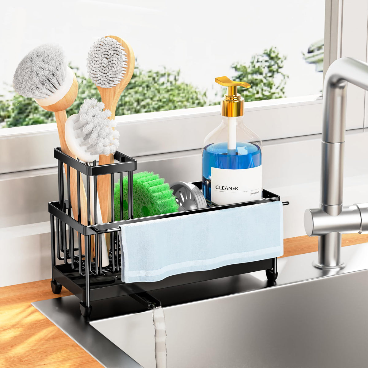 Cisily sponge holder with towel rack keeps kitchen clutter neatly organized.