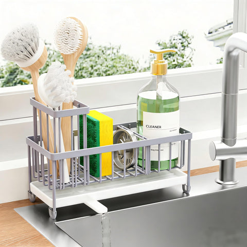 Cisily sponge holder for kitchen sink in stainless steel keeps sponges organized.