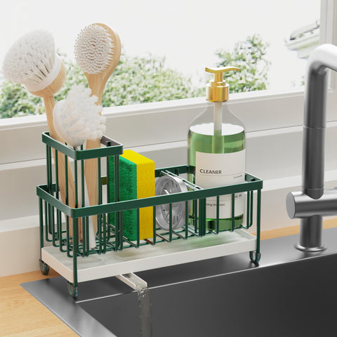 Cisily sponge holder with rotatable spout directs water to the sink, keeping the counter dry.