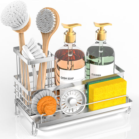 Cisily stainless steel sink caddy organizer keeps kitchen essentials within reach.