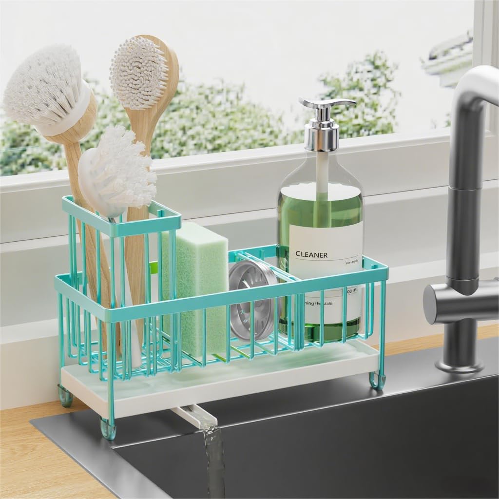 Cisily turquoise sponge holder on sink keeping surfaces dry and organized