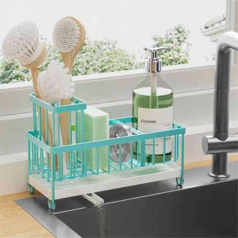 Cisily turquoise sponge holder on sink keeping surfaces dry and organized