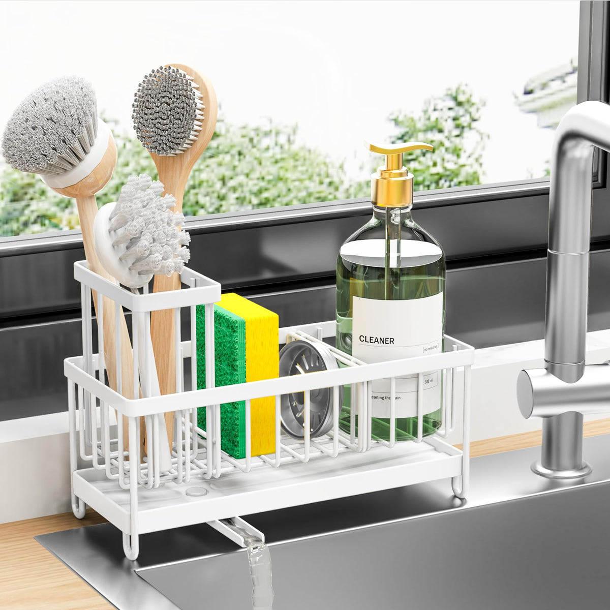 Cisily white sponge holder front view keeps counters organized and tidy.