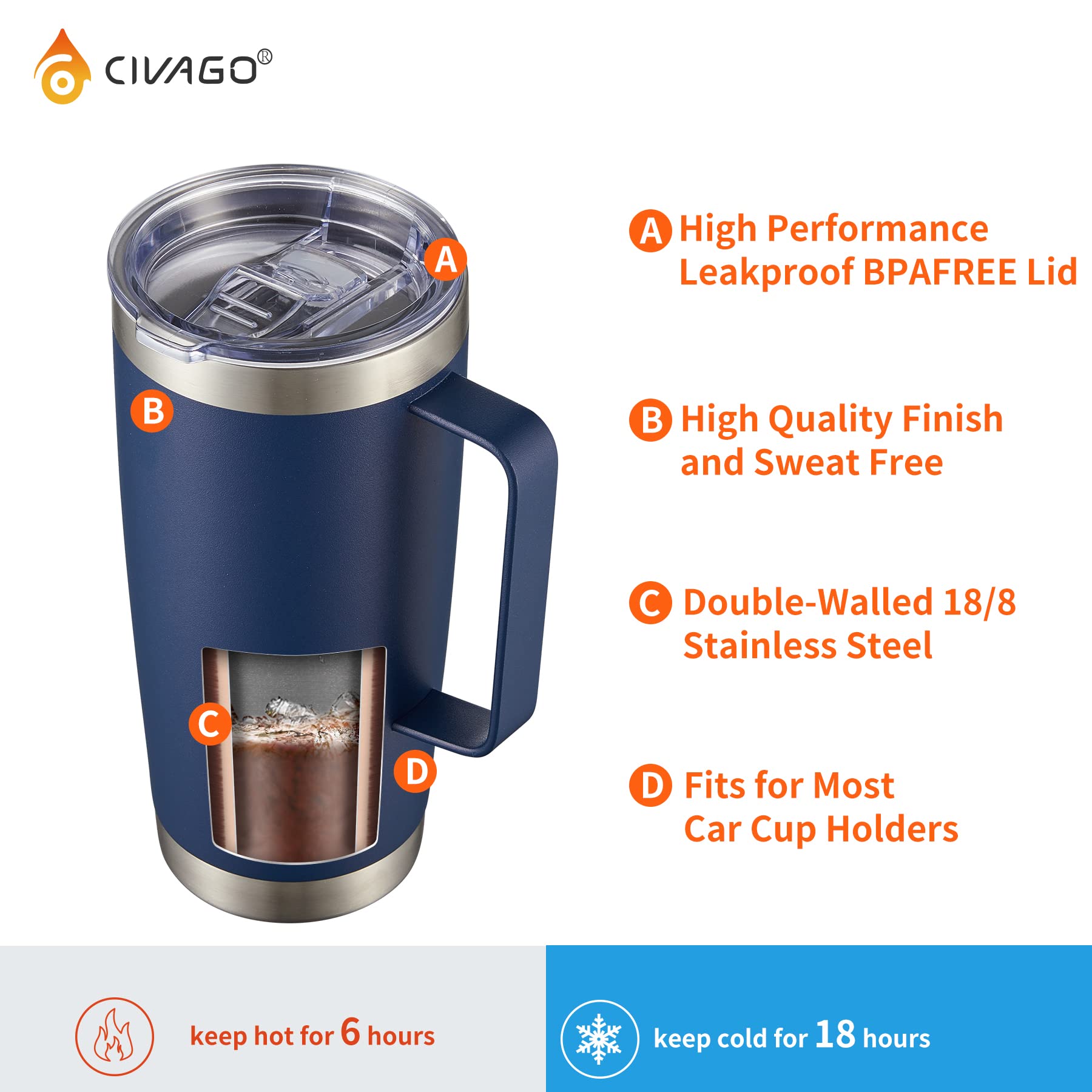 CIVAGO 20oz tumbler with double-wall insulation for hot or cold drinks