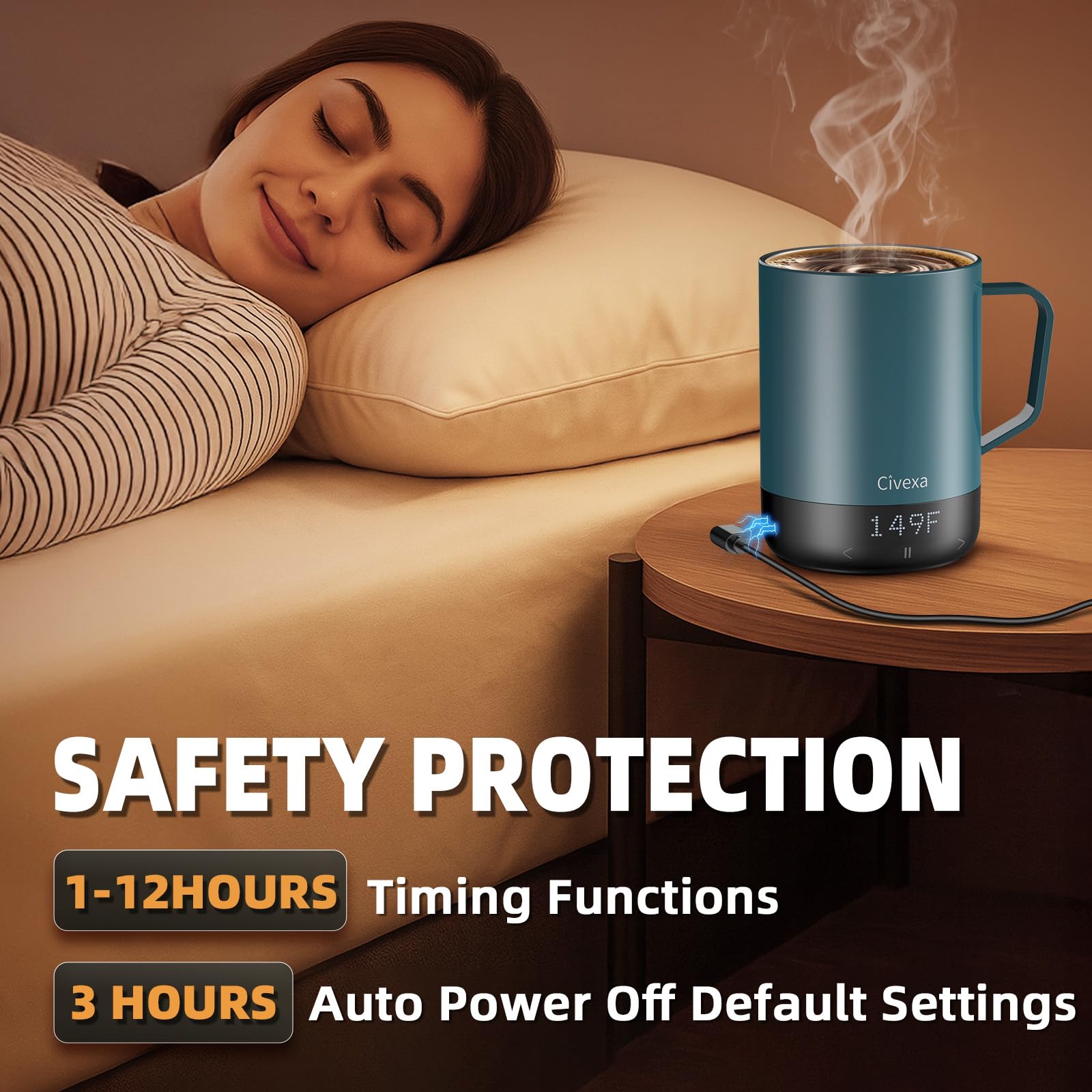 Civexa self-heating mug delivers rapid heat in about 3 seconds.