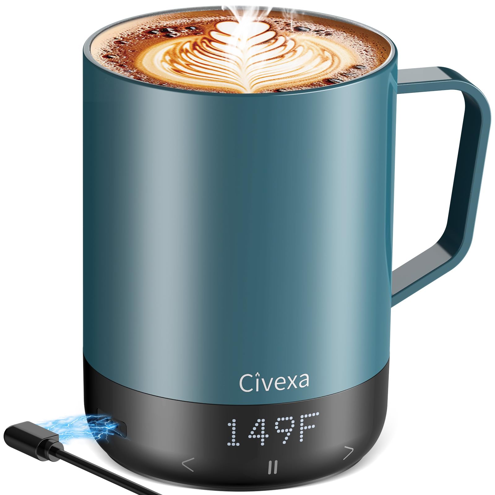 Civexa self-heating mug on a desk keeps coffee warm for work sessions.