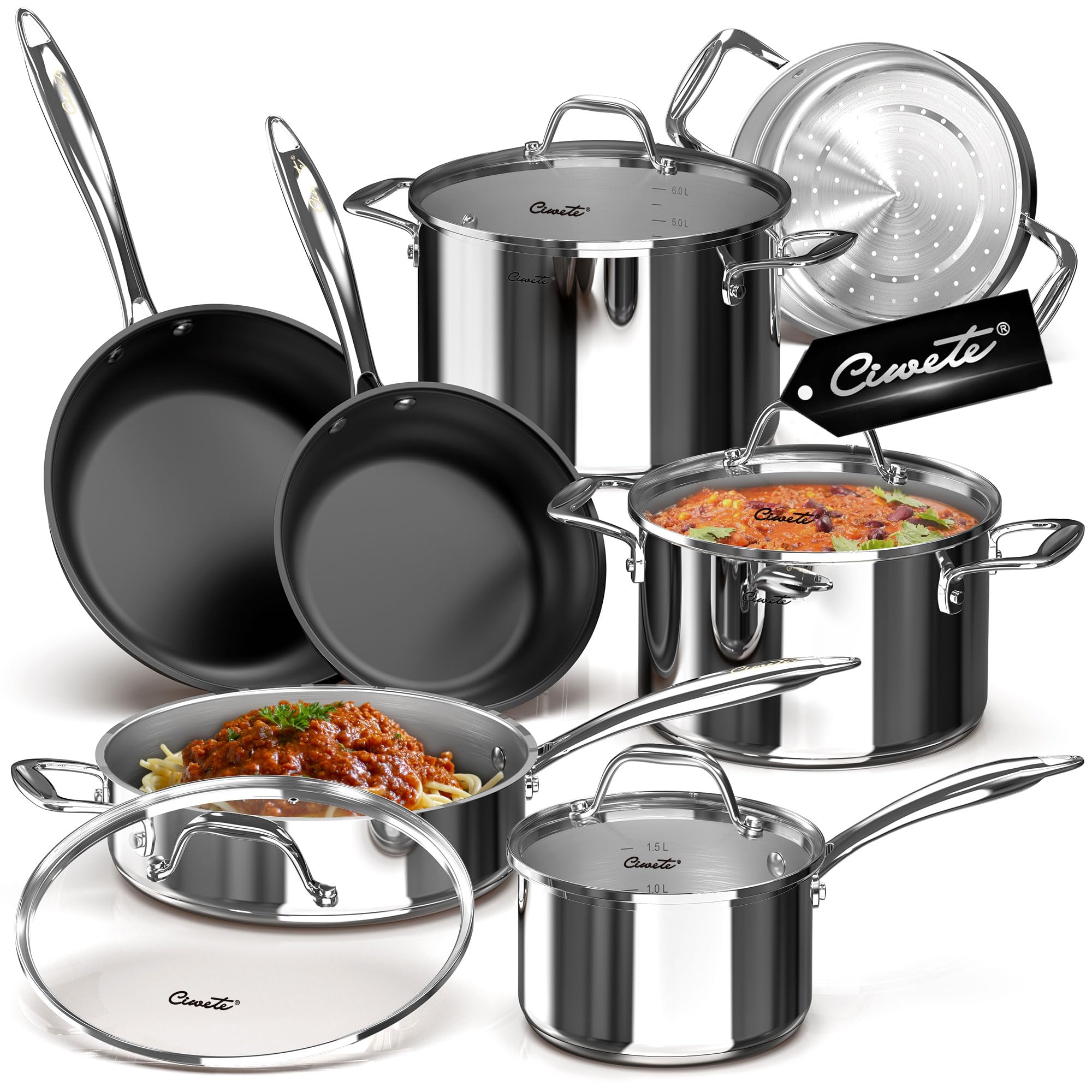 Ciwete 11pc stainless steel pots and pans set with steamer insert for even heat and versatile cooking