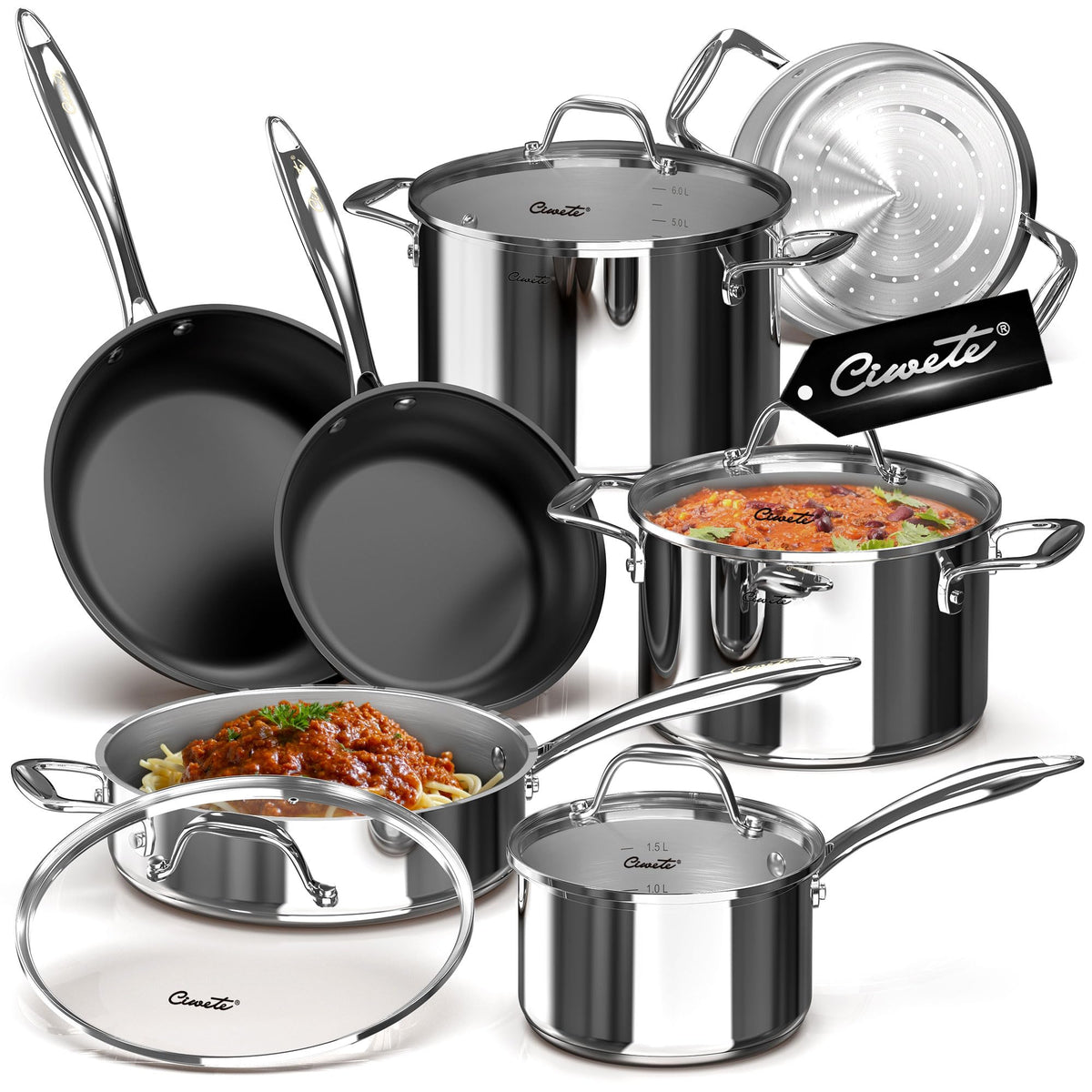 Ciwete 11pc stainless steel pots and pans set with steamer insert for even heat and versatile cooking
