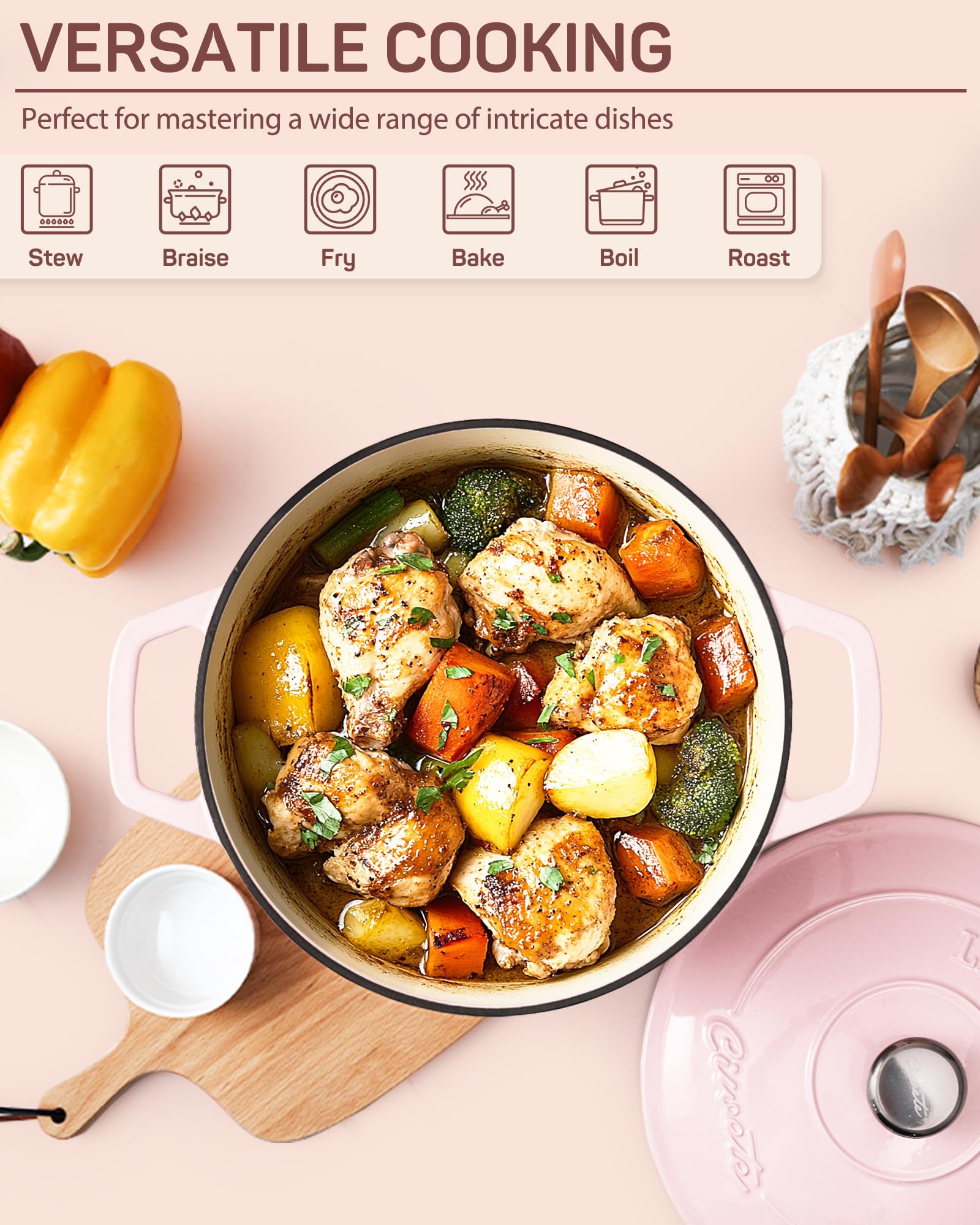 Ciwete dual handles provide secure lifting from oven to table.