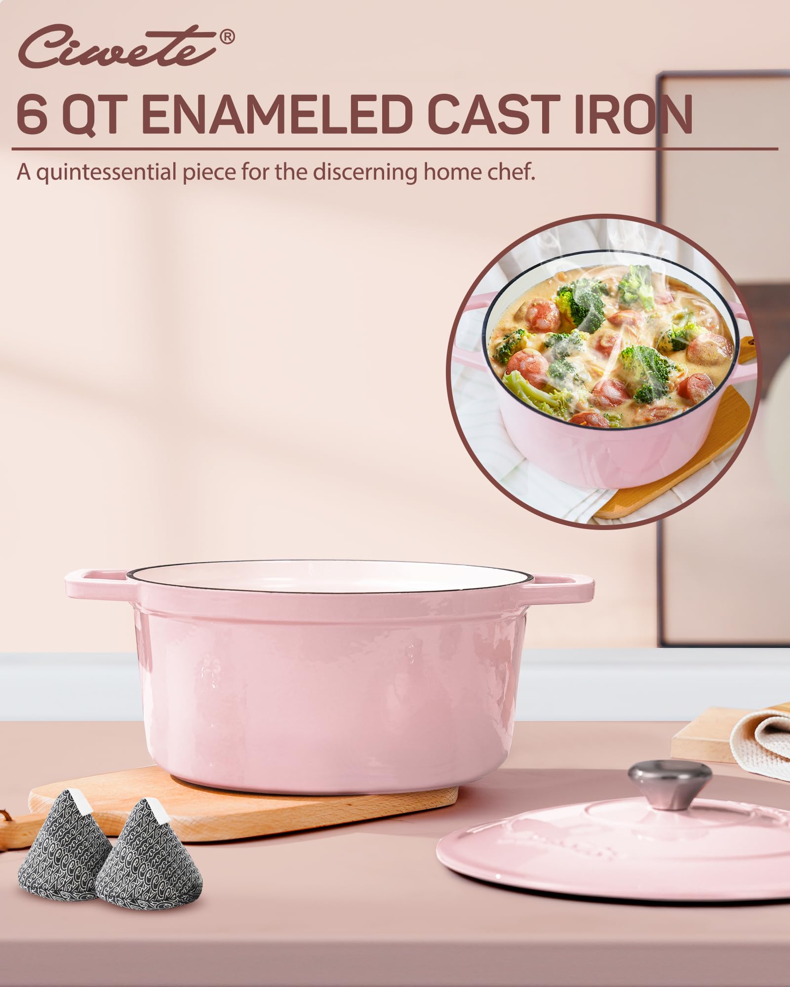 Ciwete enamel interior promotes easy cleanup after stews.