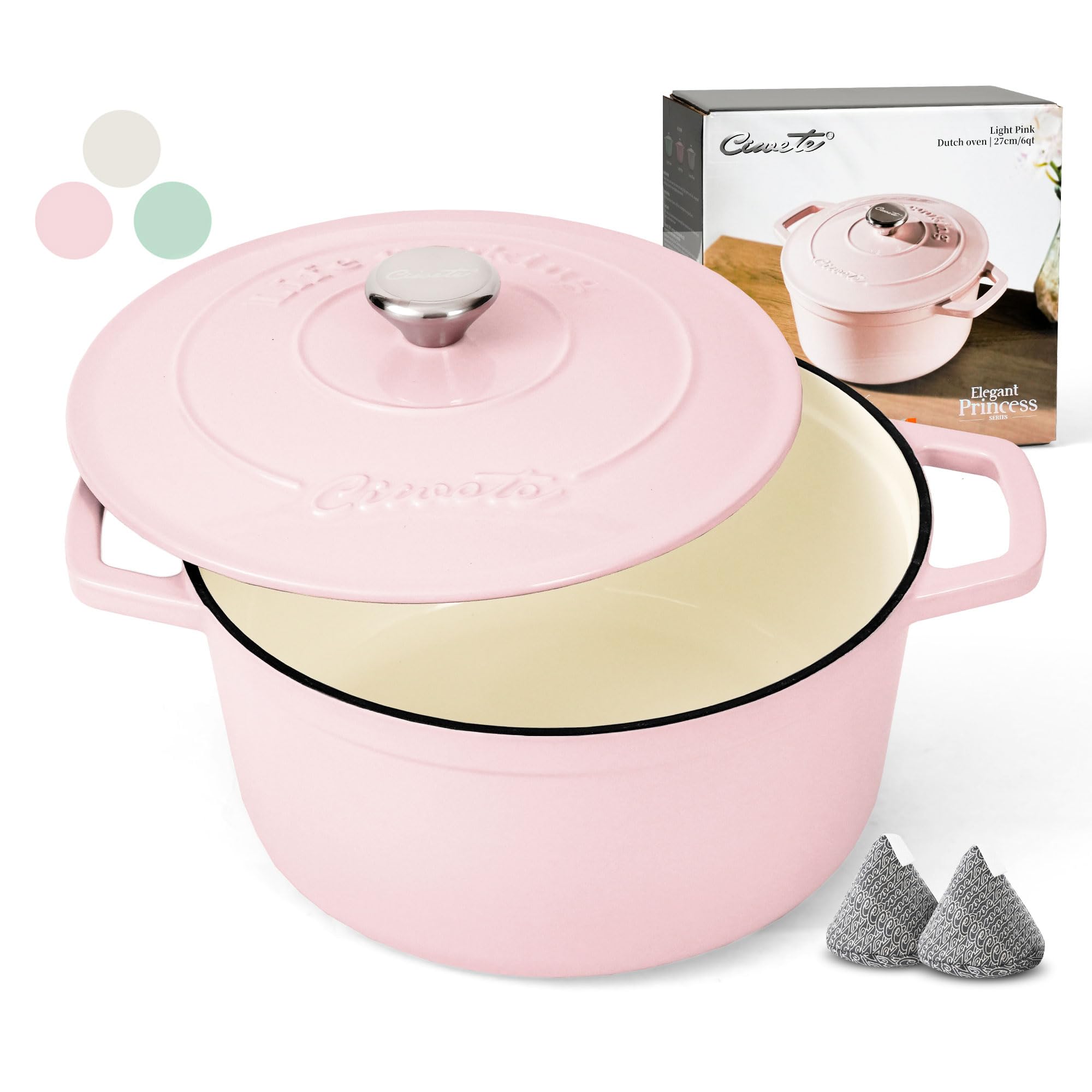 Ciwete 6 Qt Dutch Oven with pink lid for versatile family meals.