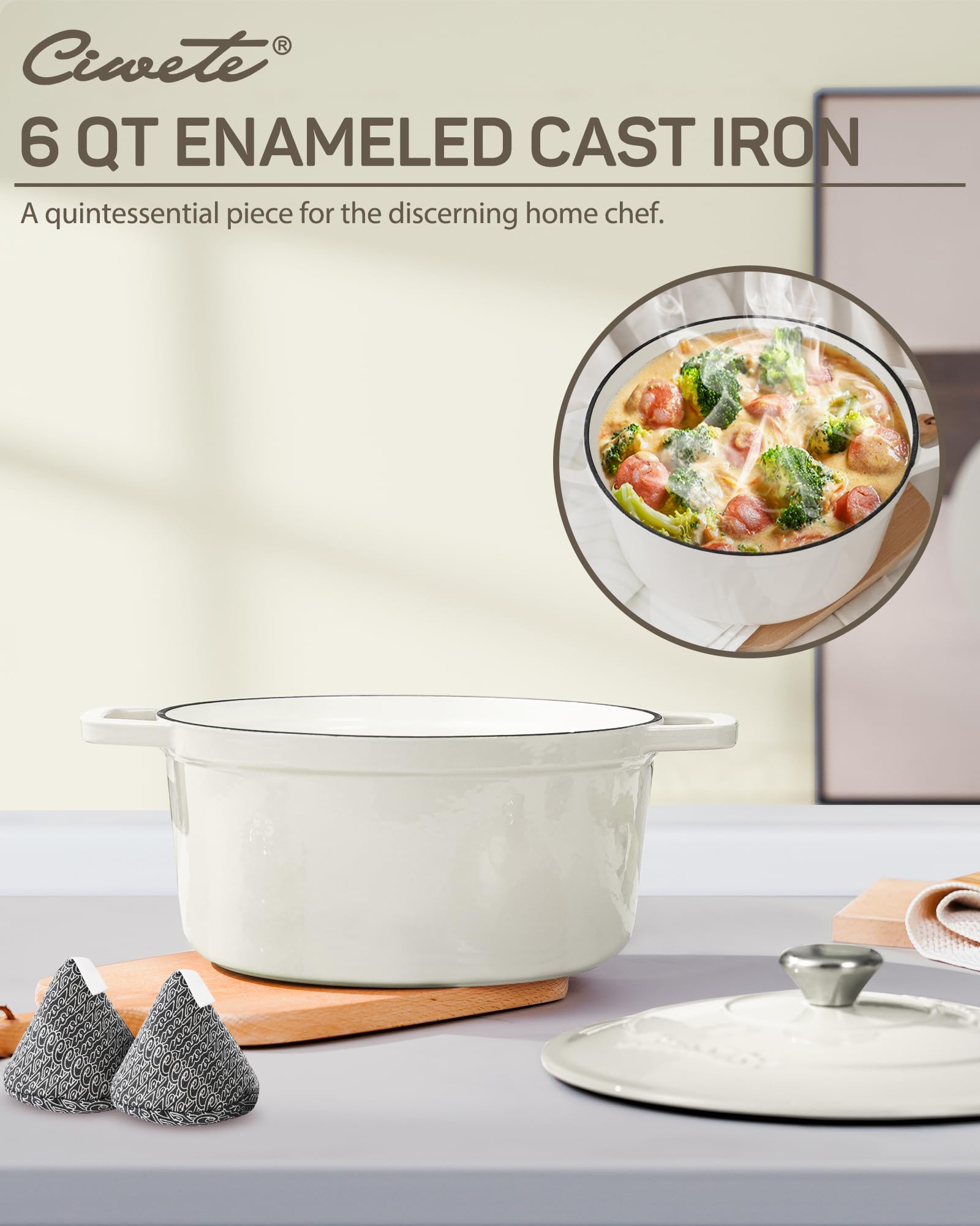 Ciwete enameled cast iron interior reduces sticking for simple cleaning.